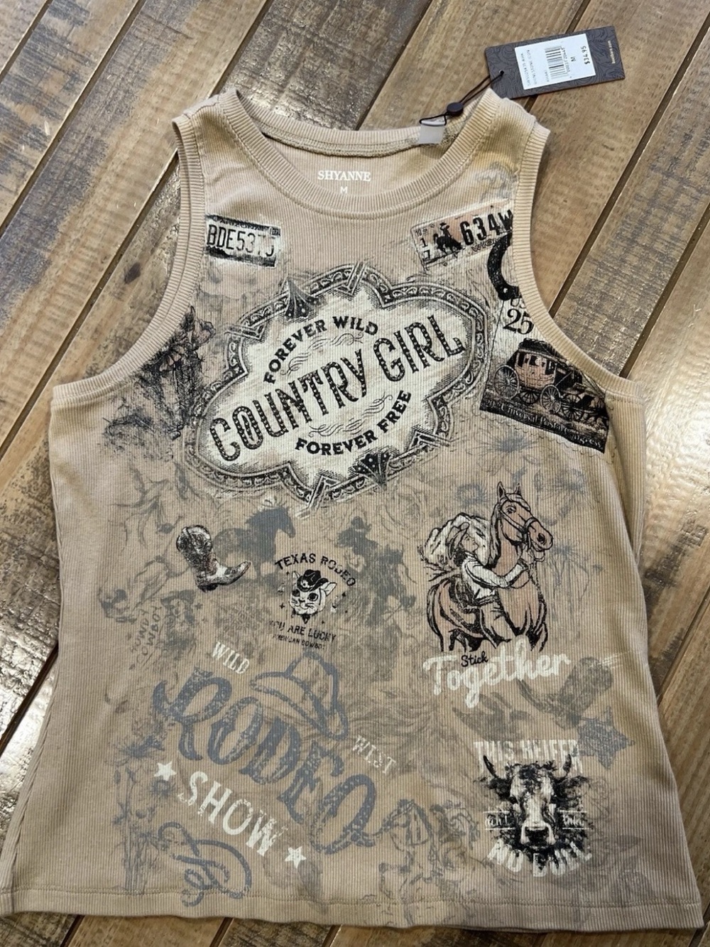 Shyanne Country Girl Rodeo Show Graphic Ribbed Tank Top Beige Medium NWT